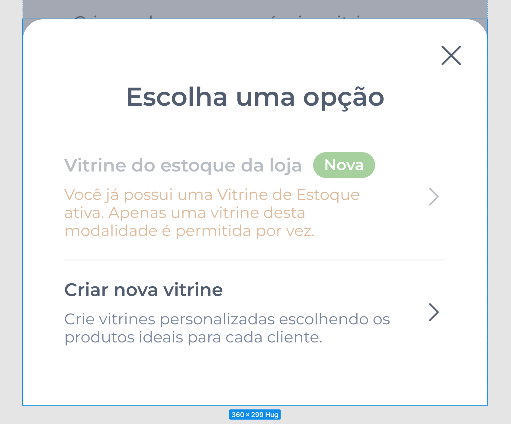 Nova modal com vitrine existente
